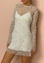 Women Sequin Beaded See-Through Mesh Strap Dress Two Piece Set Women Sequin Beaded See-Through Mesh Strap Dress Two Piece Set