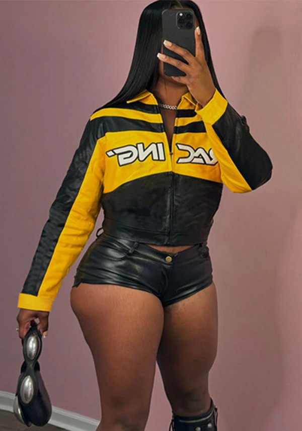 Women winter embroidery contrasting color Turndown Collar long-sleeved zipper jacket