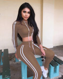 Women Elastic Hooded Drawstring Top and Trousers Casual Two Piece Set