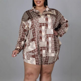 Plus Size Women Vintage Printed Long Sleeve Shirt Shorts Set