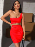 Women Sleeveless Slash Shoulder Hollow Pleated Sexy Bodycon Dress