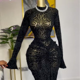 Women Elegant Half High Neck Lace Long Sleeve Bodycon Dress
