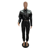 Women autumn and winter pocket pu leather top and trousers two piece set