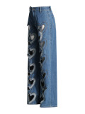 Women fashion hollow heart denim trousers