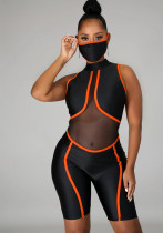 Women Mesh See-Through Sexy Patchwork Striped Jumpsuit