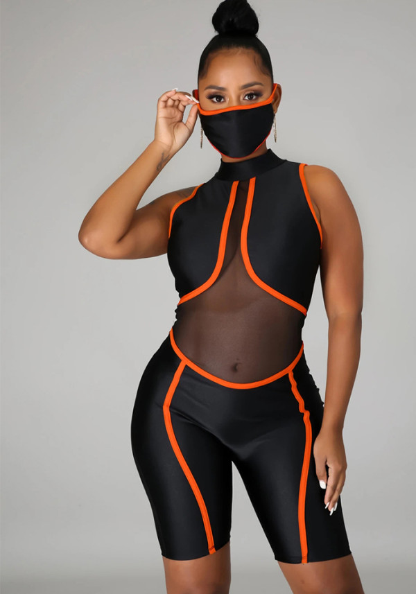 Women Mesh See-Through Sexy Patchwork Striped Jumpsuit