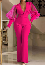 Women autumn V-neck mesh patchwork wide-leg jumpsuit Women autumn V-neck mesh patchwork wide-leg jumpsuit