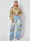 Women autumn flowers jacket and denim cargo pant two piece set