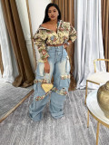 Women autumn flowers jacket and denim cargo pant two piece set
