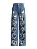 Women fashion hollow heart denim trousers