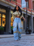 Women autumn flowers jacket and denim cargo pant two piece set