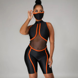 Women Mesh See-Through Sexy Patchwork Striped Jumpsuit