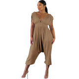 Women Casual Drawstring V Neck Wide Leg Jumpsuit