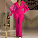 Women autumn V-neck mesh patchwork wide-leg jumpsuit