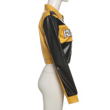 Women winter embroidery contrasting color Turndown Collar long-sleeved zipper jacket