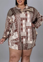 Plus Size Women Vintage Printed Long Sleeve Shirt Shorts Set Plus Size Women Vintage Printed Long Sleeve Shirt Shorts Set