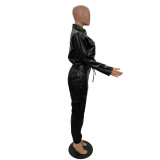 Women autumn and winter pocket pu leather top and trousers two piece set