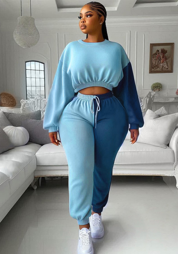 Women's Autumn Winter Casual Round Neck Long Sleeve Top Elastic Waist Drawstring Pants Contrast Color Sports Two Piece Tracksuit