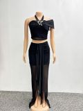 Fashion Women Sexy Halter One Shoulder Strapless Top Slit Skirt Two-Piece Set