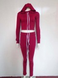 Women Elastic Hooded Drawstring Top and Trousers Casual Two Piece Set