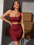 Women Sleeveless Slash Shoulder Hollow Pleated Sexy Bodycon Dress