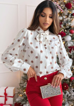 Printed Long Sleeve Bow Tie Shirt Women's Top Printed Long Sleeve Bow Tie Shirt Women's Top