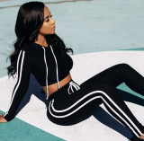 Women Elastic Hooded Drawstring Top and Trousers Casual Two Piece Set