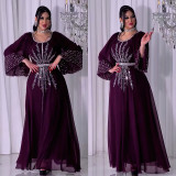 Women's Beaded Chiffon Puff Sleeve Dress With Belt