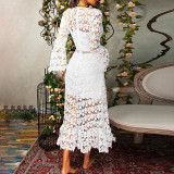 Autumn Women Sexy See-Through Lace Long-Sleeved V-Neck Long-Sleeved Dress