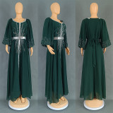 Women's Beaded Chiffon Puff Sleeve Dress With Belt