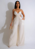 Pure Color Women's Fashionable Strap Low Back Wide Leg Jumpsuit