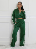 Women Autumn Striped Zipper Casual Top and Pant Set