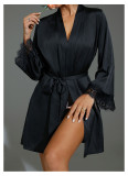 Satin Bathrobe Nightgown Pajamas Women's Mesh Polka Dot Patchwork Home Clothes
