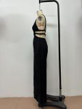 Pure Color Women's Fashionable Strap Low Back Wide Leg Jumpsuit