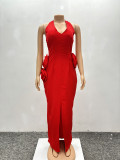 Elegant Women Flower Halter Slit Long Dress