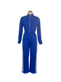 Women Autumn Striped Zipper Casual Top and Pant Set