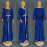 Women's Beaded Chiffon Puff Sleeve Dress With Belt