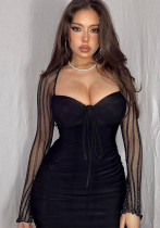 Women Lace Mesh Patchwork Long Sleeve Bodycon Dress