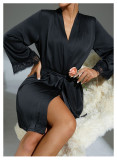 Satin Bathrobe Nightgown Pajamas Women's Mesh Polka Dot Patchwork Home Clothes