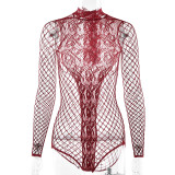 Women's Fishnet See-Through One-Piece Bodysuit Sexy Nightclub Beaded Lingerie