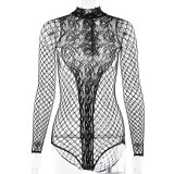 Women's Fishnet See-Through One-Piece Bodysuit Sexy Nightclub Beaded Lingerie