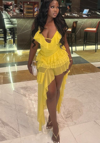 African Women Sexy Slit Ruffled Irregular Dress