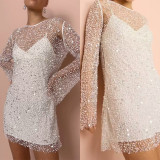 Women Sequin Beaded See-Through Mesh Strap Dress Two Piece Set