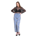 Women's High Waist Rhinestone Wide-Leg Trousers Straight Long Casual Denim Pants