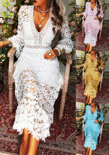 Autumn Women Sexy See-Through Lace Long-Sleeved V-Neck Long-Sleeved Dress