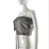 Women's Summer Strapless Zipper Crop Lace-Up Sexy Top
