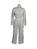 Women Autumn Striped Zipper Casual Top and Pant Set