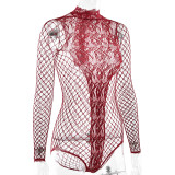 Women's Fishnet See-Through One-Piece Bodysuit Sexy Nightclub Beaded Lingerie