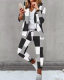 Autumn Winter Fashion Printed Long Sleeve Casual Blazer Pants Career Women Two Piece Suit