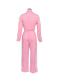 Women Autumn Striped Zipper Casual Top and Pant Set